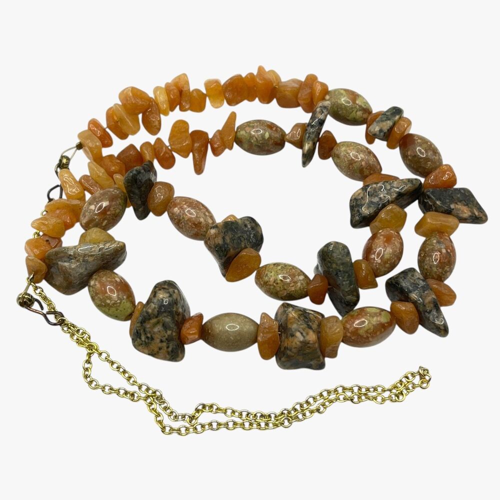 Mixed Gemstone Necklace Chunky Beaded Mineral Rock Unakite Jasper Boho Hippie
